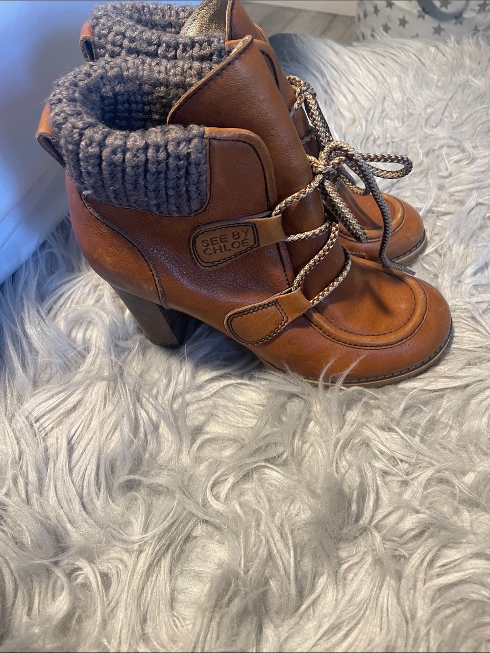 See By Chloe Cognac Brown Leather Lace-Up Knit Cuff Ankle Heels
